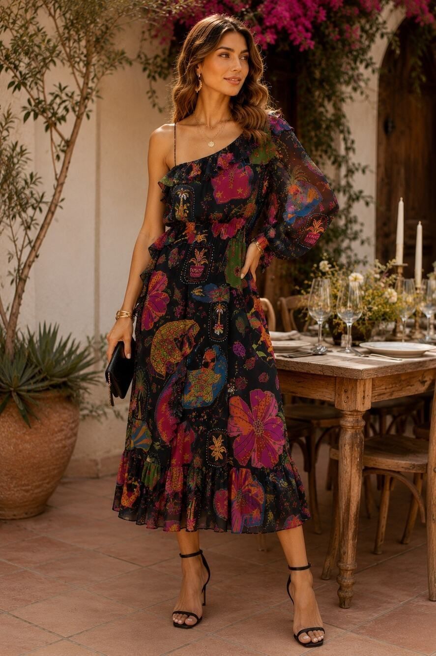 FARM Rio One Shoulder Ruffle Sleeve Tropical Print Maxi Dress Resort WearNWT XS